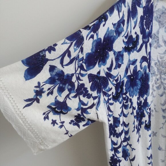 Knitted & Knotted linen cotton knit open front long cardigan white blue Medium - Picture 5 of 12